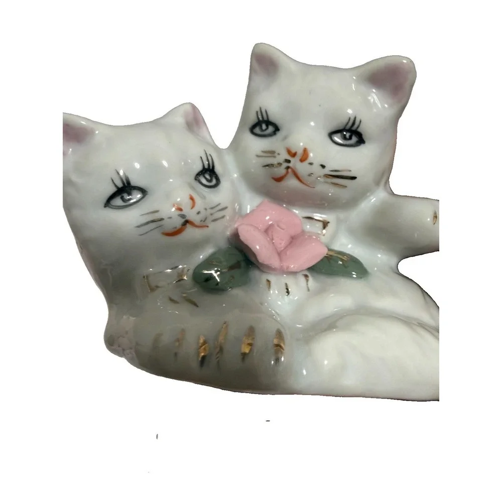 Vintage White Kittens Cuddling with Hand Painted Face‎ and Gold Trim Accents